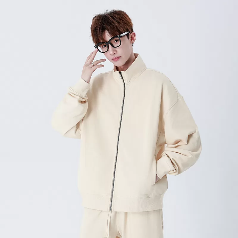 330g pure cotton terry stand collar zip up cardigan coat casual sweatshirt