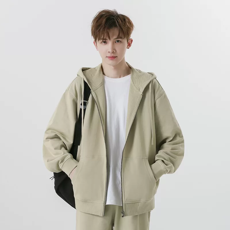 new 330g pure cotton looped shoulder drop zip up hoodie jacket