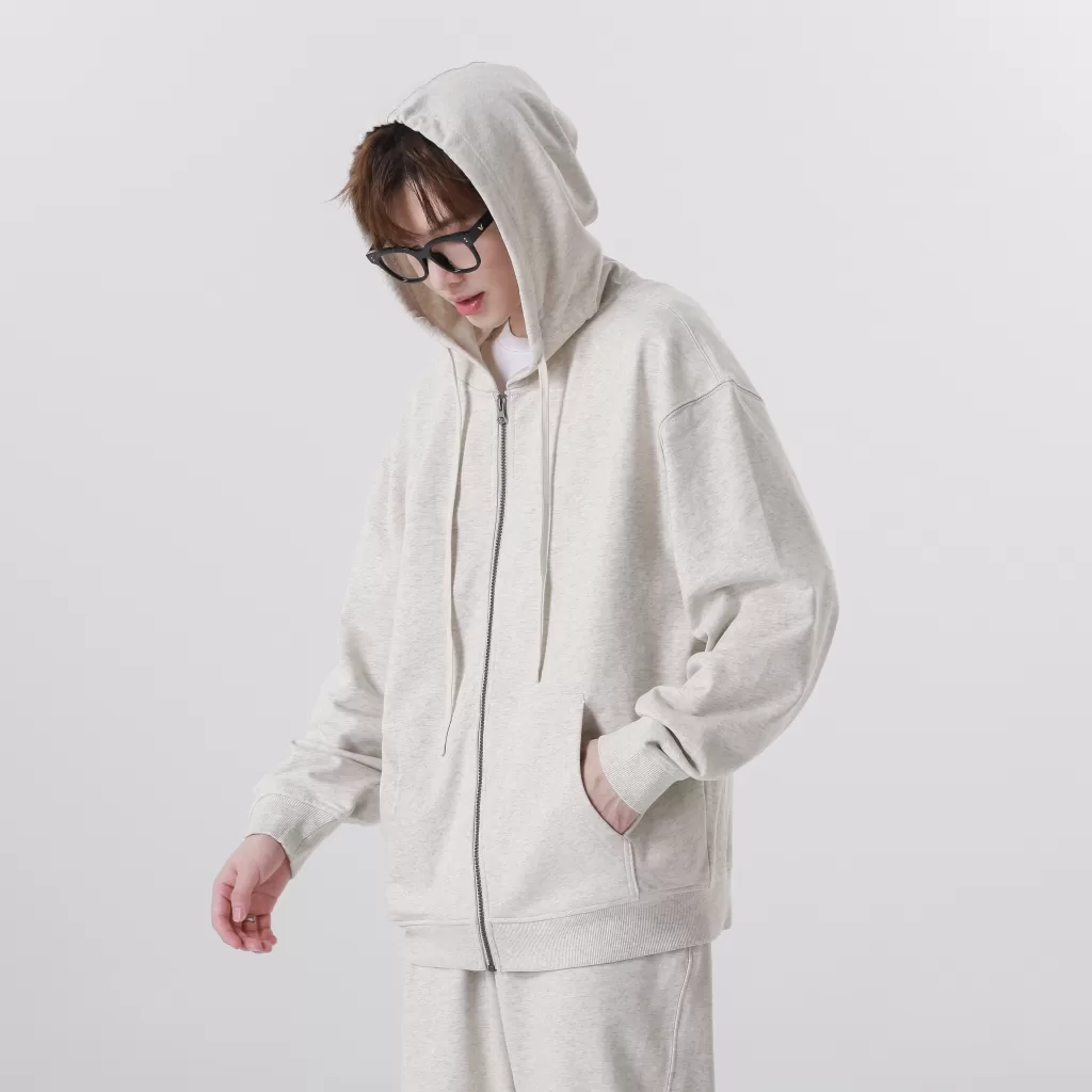 new 330g pure cotton looped shoulder drop zip up hoodie jacket